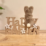 Happy Easter Wooden Block With Fur Bunny