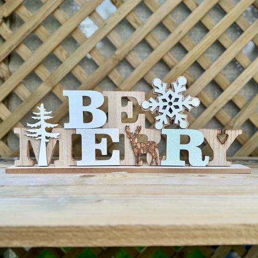 Wooden Be Merry LED Sign