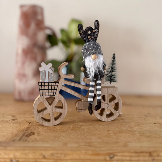 Grey Sequin Gonk on Wooden Bicycle