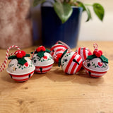 6 Red, White & Green Heart Patterned Bells