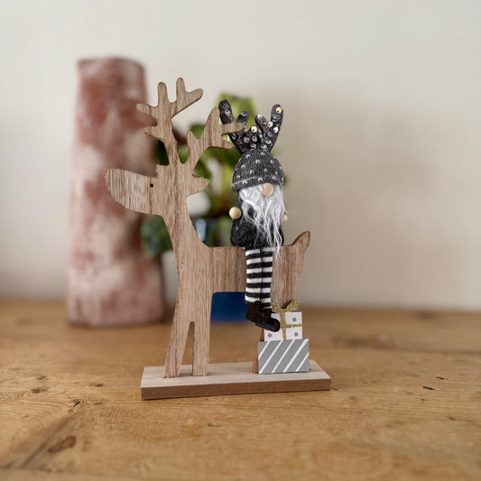 Grey Sequin Gonk on Wooden Reindeer