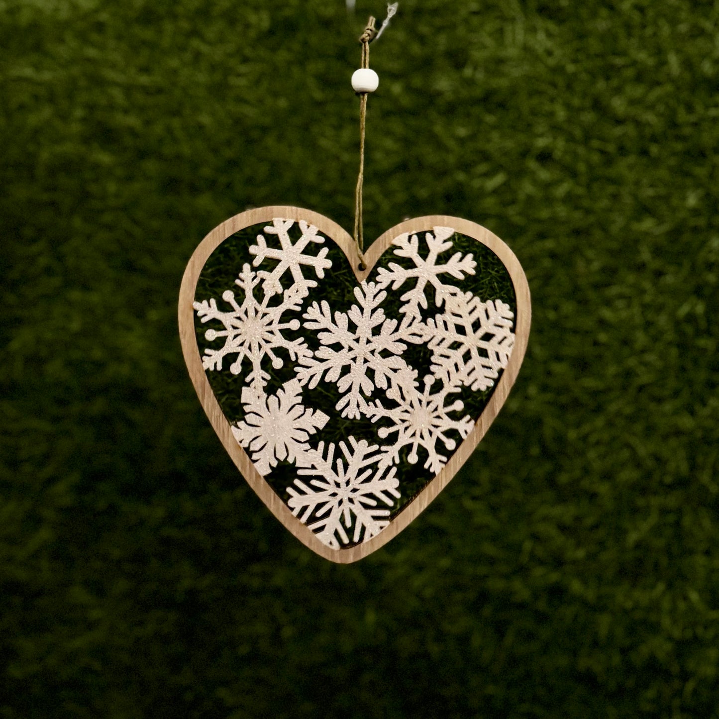 Wooden Heart with Cut-Out Glitter Snowflakes