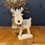 Large Wood & Silver Reindeer In Hat