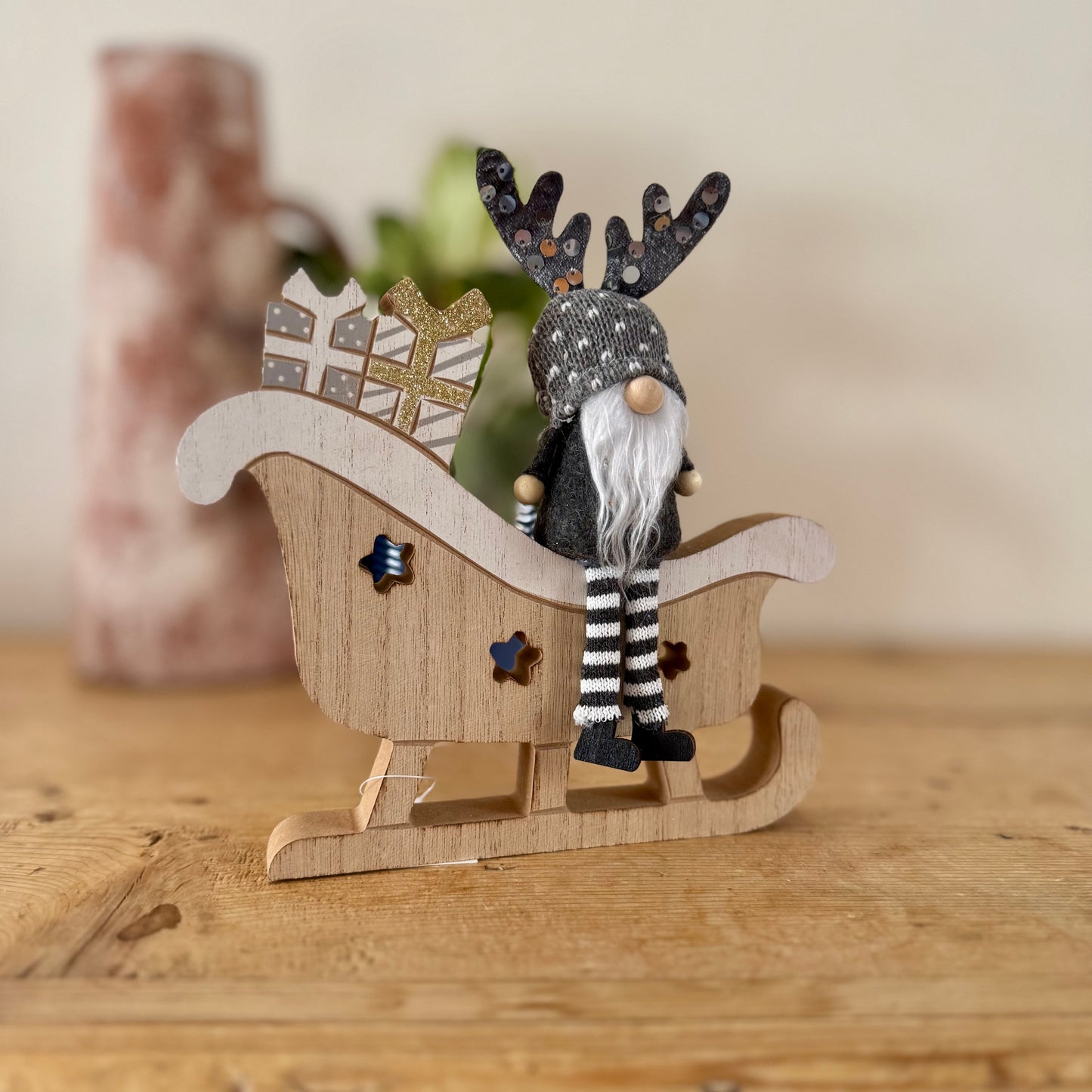 Grey Sequin Gonk on Wooden Sleigh