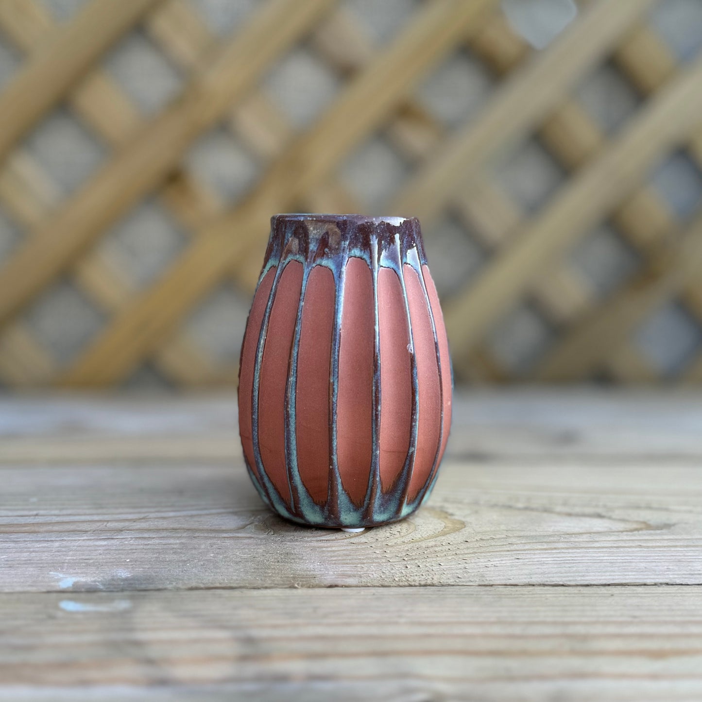 Brown Vase with Blue & Green Glase striping