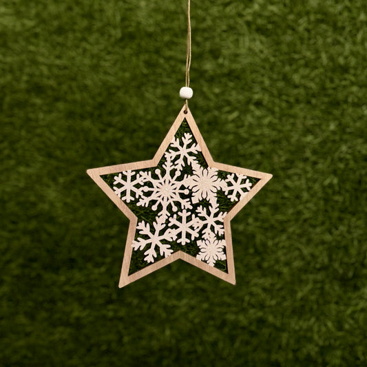 Wooden Star with Cut-Out Glitter Snowflakes