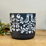 Large Black Folk Art Design Pot