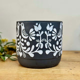 Large Black Folk Art Design Pot