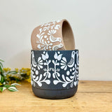 Large Black Folk Art Design Pot