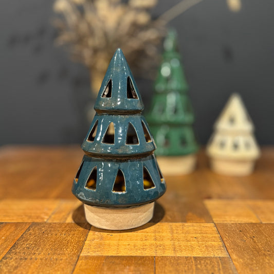 Medium Blue Ceramic Christmas Tree Candle Holder