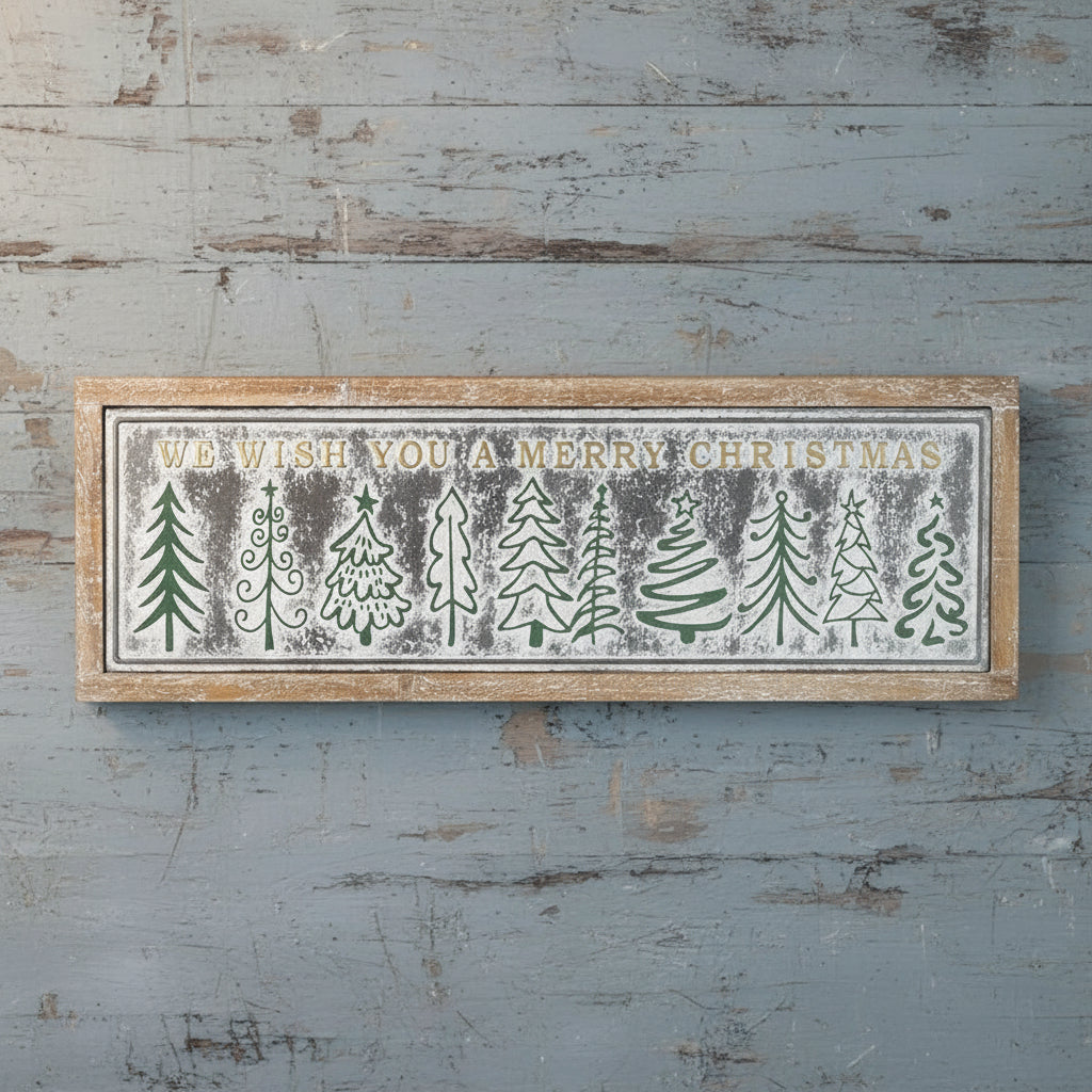 Decorative sign with Christmas trees and text on a wooden background