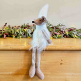 Sitting Brown Mouse in White Winter Dress