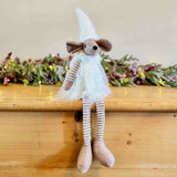 Sitting Brown Mouse in White Winter Dress