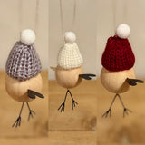 Set of 3 Wooden Birds in Pompom Hats