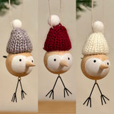 Set of 3 Wooden Birds in Pompom Hats
